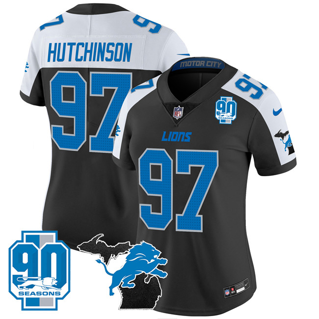 Women's Detroit Lions #97 Aidan Hutchinson Black/White 2024 F.U.S.E Michigan Patch & 90th Year Patch Vapor Limited Stitched Jersey(Run Small)